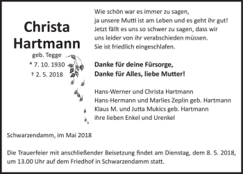 Traueranzeige von Christa Hartmann (geb. Tegge)  von Magdeburger Volksstimme