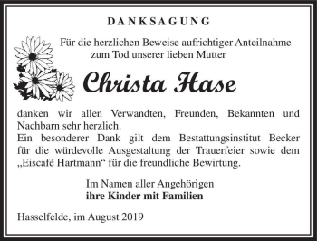 Traueranzeige von Christa Hase  von Magdeburger Volksstimme