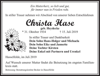 Traueranzeige von Christa Hase (geb. Heydecke)  von Magdeburger Volksstimme