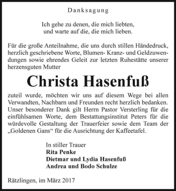 Traueranzeige von Christa Hasenfuß  von Magdeburger Volksstimme