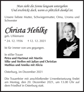 Traueranzeige von Christa Hehlke (geb. Uhlemann)  von Magdeburger Volksstimme