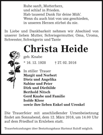 Traueranzeige von Christa Heide (geb. Knabe)  von Magdeburger Volksstimme