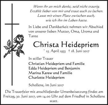 Traueranzeige von Christa Heidepriem  von Magdeburger Volksstimme