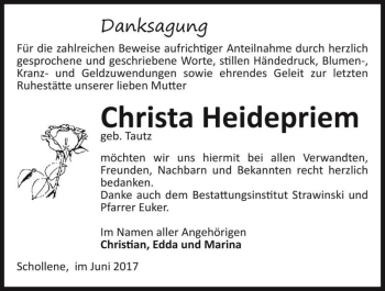 Traueranzeige von Christa Heidepriem (geb. Tautz)  von Magdeburger Volksstimme
