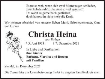 Traueranzeige von Christa Heina (geb. Krüger)  von Magdeburger Volksstimme