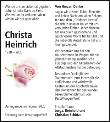 Traueranzeige von Christa Heinrich  von Magdeburger Volksstimme