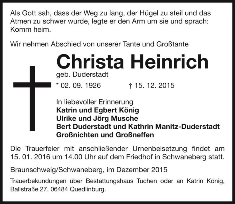  Traueranzeige für Christa Heinrich (geb. Duderstadt)  vom 02.01.2016 aus Magdeburger Volksstimme