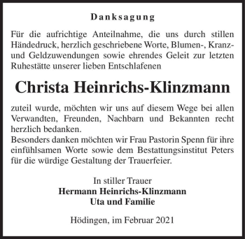 Traueranzeige von Christa Heinrichs-Klinzmann  von Magdeburger Volksstimme
