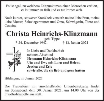 Traueranzeige von Christa Heinrichs-Klinzmann (geb. Tippe)  von Magdeburger Volksstimme