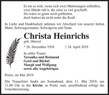 Traueranzeige von Christa Heinrichs (geb. Düwert)  von Magdeburger Volksstimme