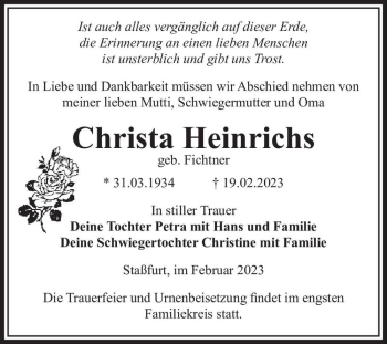 Traueranzeige von Christa Heinrichs (geb. Fichtner)  von Magdeburger Volksstimme