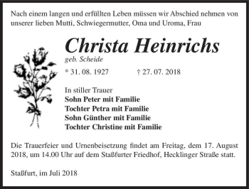 Traueranzeige von Christa Heinrichs (geb. Scheide)  von Magdeburger Volksstimme