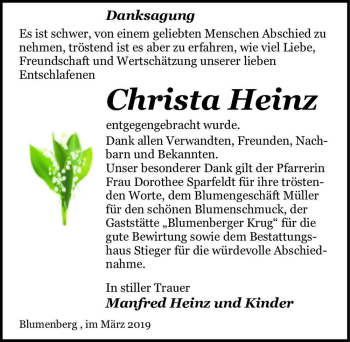 Traueranzeige von Christa Heinz  von Magdeburger Volksstimme