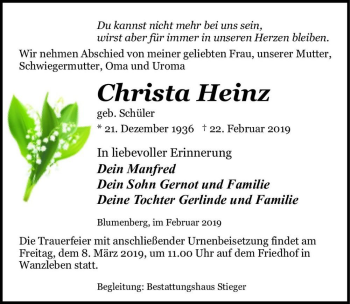 Traueranzeige von Christa Heinz (geb. Schüler)  von Magdeburger Volksstimme