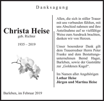 Traueranzeige von Christa Heise (geb. Richter)  von Magdeburger Volksstimme
