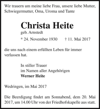 Traueranzeige von Christa Heite (geb. Arnstedt)  von Magdeburger Volksstimme