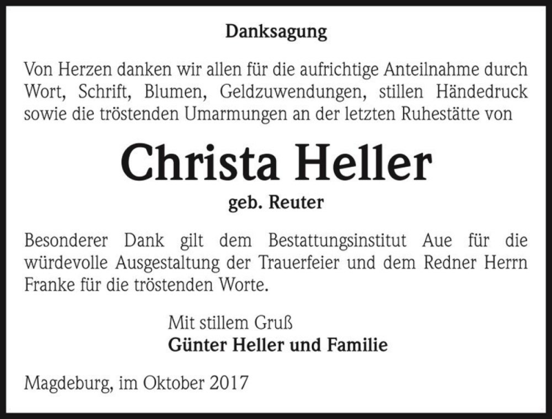  Traueranzeige für Christa Heller (geb. Reuter)  vom 07.10.2017 aus Magdeburger Volksstimme