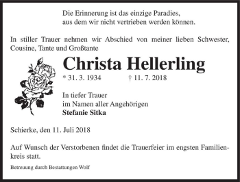 Traueranzeige von Christa Hellerling  von Magdeburger Volksstimme