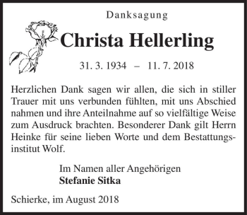 Traueranzeige von Christa Hellerling  von Magdeburger Volksstimme