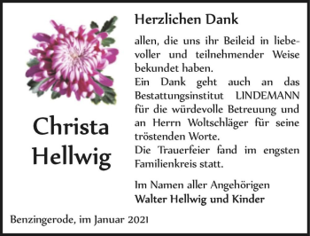 Traueranzeige von Christa Hellwig  von Magdeburger Volksstimme