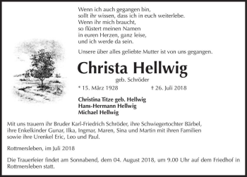 Traueranzeige von Christa Hellwig (geb. Schröder)  von Magdeburger Volksstimme