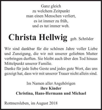 Traueranzeige von Christa Hellwig (geb. Schröder)  von Magdeburger Volksstimme