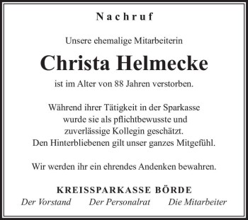 Traueranzeige von Christa Helmecke  von Magdeburger Volksstimme