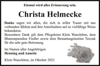 Traueranzeige von Christa Helmecke  von Magdeburger Volksstimme