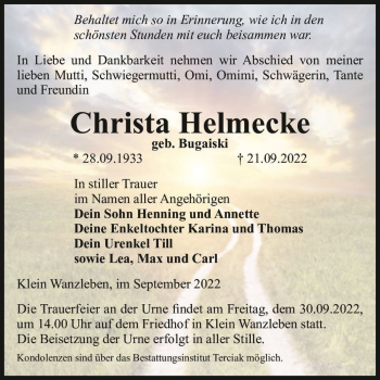 Traueranzeige von Christa Helmecke (geb. Bugaiski)  von Magdeburger Volksstimme