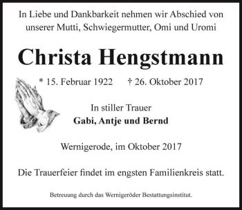 Traueranzeige von Christa Hengstmann  von Magdeburger Volksstimme