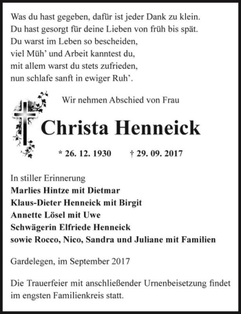 Traueranzeige von Christa Henneick  von Magdeburger Volksstimme