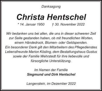Traueranzeige von Christa Hentschel  von Magdeburger Volksstimme