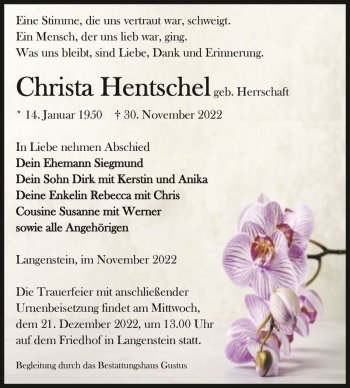 Traueranzeige von Christa Hentschel (geb. Herrschaft)  von Magdeburger Volksstimme
