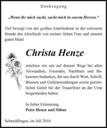 Traueranzeige von Christa Henze  von Magdeburger Volksstimme