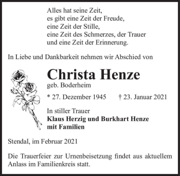 Traueranzeige von Christa Henze (geb. Borderheim)  von Magdeburger Volksstimme