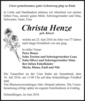Traueranzeige von Christa Henze (geb. Kinzel)  von Magdeburger Volksstimme