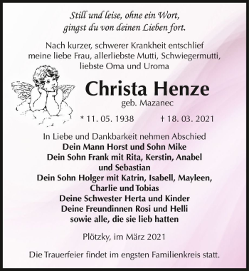 Traueranzeige von Christa Henze (geb. Mazanec)  von Magdeburger Volksstimme
