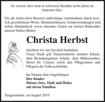 Traueranzeige von Christa Herbst  von Magdeburger Volksstimme