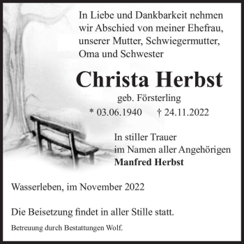 Traueranzeige von Christa Herbst (geb. Försterling)  von Magdeburger Volksstimme