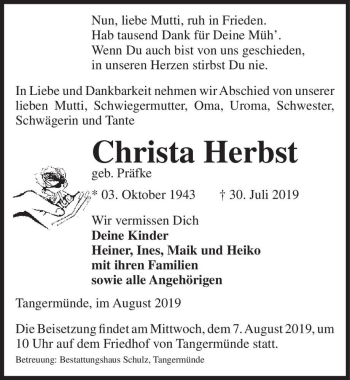 Traueranzeige von Christa Herbst (geb. Präfke)  von Magdeburger Volksstimme