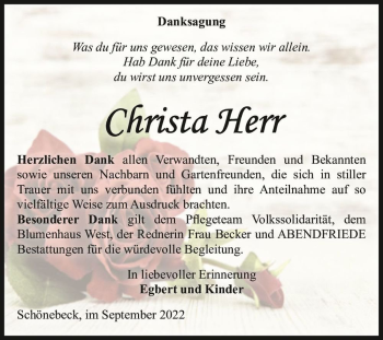 Traueranzeige von Christa Herr  von Magdeburger Volksstimme