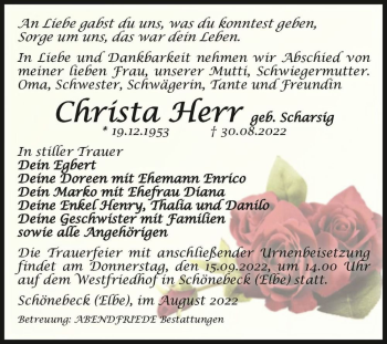 Traueranzeige von Christa Herr (geb. Scharsig)  von Magdeburger Volksstimme