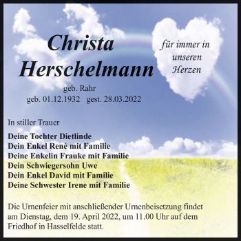 Traueranzeige von Christa Herschelmann (geb. Rahr)  von Magdeburger Volksstimme