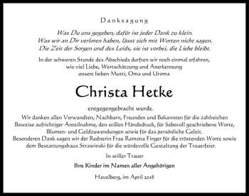 Traueranzeige von Christa Hetke  von Magdeburger Volksstimme
