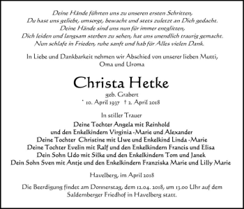 Traueranzeige von Christa Hetke (geb. Grabert)  von Magdeburger Volksstimme