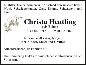 Traueranzeige von Christa Heutling (geb. Böhme)  von Magdeburger Volksstimme