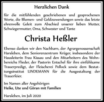 Traueranzeige von Christa Heßler  von Magdeburger Volksstimme