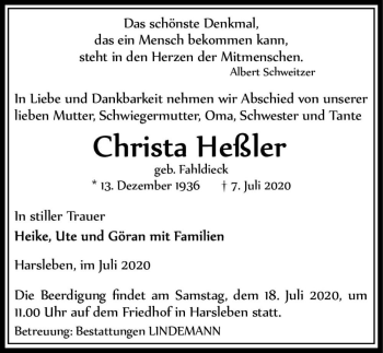 Traueranzeige von Christa Heßler (geb. Fahldieck)  von Magdeburger Volksstimme