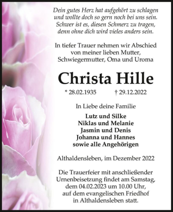 Traueranzeige von Christa Hille  von Magdeburger Volksstimme