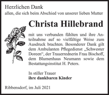 Traueranzeige von Christa Hillebrand  von Magdeburger Volksstimme